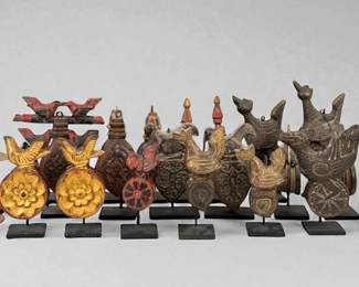 (21) Carved & Painted Burmese Wooden Pulleys / Textile Spools