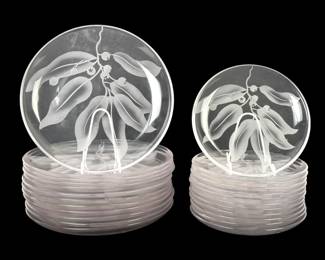 (24pc) Dorothy Thorpe Eucalyptus Sandblasted Glass Plates