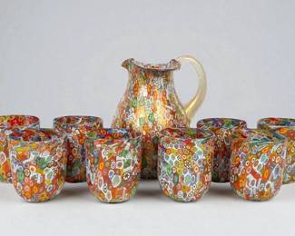 Murano Millefiori Glass Pitcher with (8pc) Tumbler Set