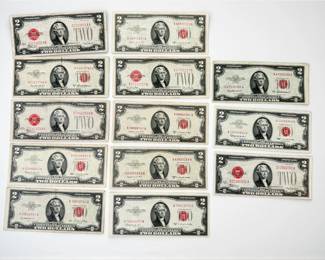(13) Assorted Vintage $2 Notes