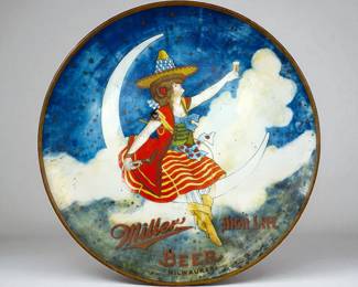 Miller High Life Beer “Girl on the Moon” Tin Advertising Charger