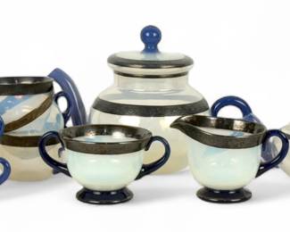 (11pc) Fry Foval Delf Blue Silver Accented Tea Set