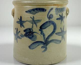 Antique Stoneware Crock with Blue Floral Design