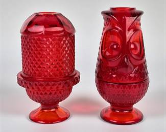 Viking Glass Ruby Red Diamond Point & Owl Fairy Lamps