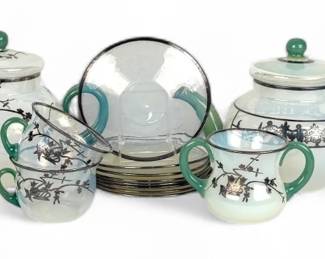 (22pc) Fry Foval Jade Green Silver Accented Tea Sets