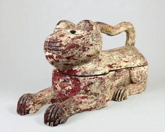 Antique Folk Art Wood Cat-Form Box
