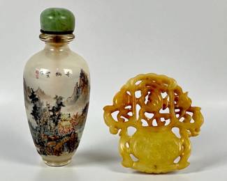 Reverse Painted Snuff Bottle and Carved Jadeite Pendant