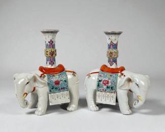 Pair Of Porcelain Chinese Famille Rose Elephant Candlesticks