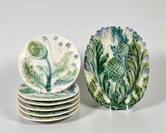 (7pc) Luneville French Barbotine Majolica Asparagus Plates & Platter