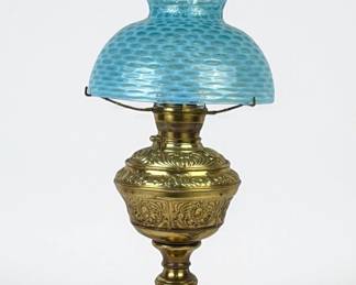 GWTW Brass Oil Lamp With Fenton Blue Glass Shade