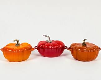(3pc) Staub Enameled Cast Iron Pumpkin Cocottes
