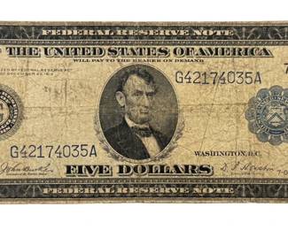 1913 Blue Seal $5 Federal Reserve Note