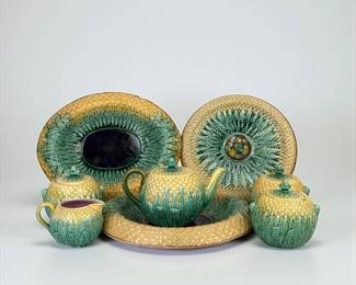 Antique English Majolica Pinapple Tea Set & Serving Dishes