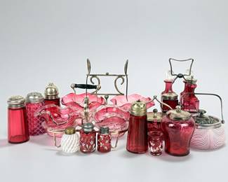 Group of Cranberry Glass Condiment & Tableware Pieces