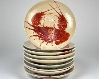 (9pc) Japanese Studio Hand-Painted Lobster Pottery Plates