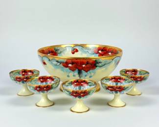(7pc) O. & E.G. Royal Austria Hand-Painted Punch Bowl & Cups