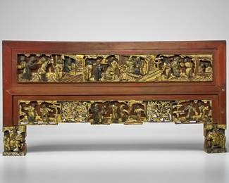 Chinese Antique Carved Red and Gold Lacquer Wall Panel