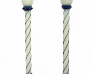 Pair Of Fry Foval Delft Blue Silver Overlay Candlesticks