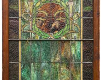 Leaded Stained Glass Window With Green & Pink Torch Motif