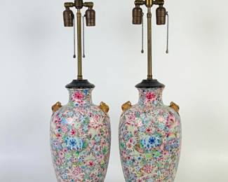 Pair of Chinese Famille Rose Porcelain Lamps with Gilt Bat Handles
