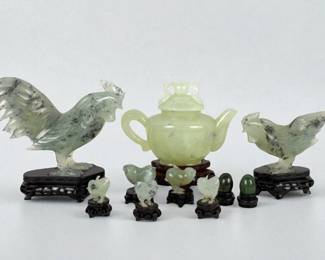 Group Of Jadite Pieces Including Roosters