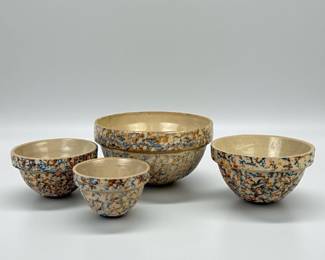 (4pc) Red Wing Pottery Blue & Orange Sponge Mixing Bowl Set