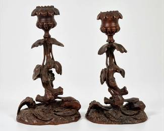 Pair of Black Forest Carved Candlesticks