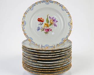 (12) Meissen Hand Painted Floral Dinner Plates