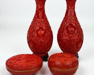 (4pc) Chinese Cinnabar Lacquer Vases Covered Boxes & Original Boxes