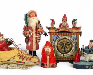 (5) Assorted Signed Hand Carved Wooden Folk Art Santas