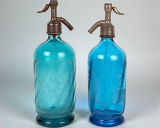 (2) Antique Blue Glass Soda Siphon Bottles