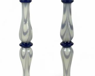 Pair Of Fry Foval Delft Blue Festoons Candlesticks