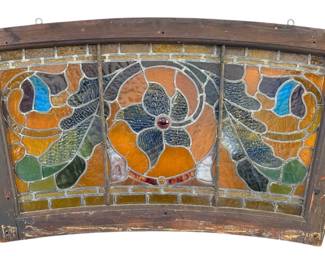 Curved Stained Glass Window With Red & Purple Floral Design