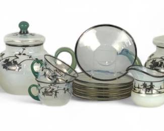 (26pc) Fry Foval Jade Green With Silver Accents Tea Sets