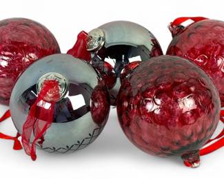 (5) Large Glass Red Ball Holiday Ornaments