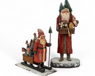 (2) Vaughn & Stephanie Rawson Folk Art Carved Santas