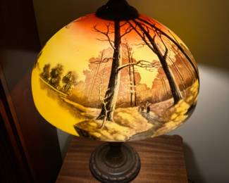 Antique Tiffany Style  'Reverse Painted' Favrile Glass Lamp with scenic nature inspired design