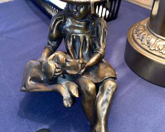 Girl with dog bronze statue, approx 6”h x 5.5”w