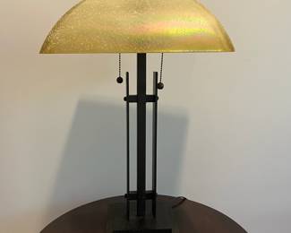 C87 - $125. 2 Light Table Lamp by Minka-Lavery. Heavy glass shade with iron base. *Beautiful* Heavy Duty Table Lamp!