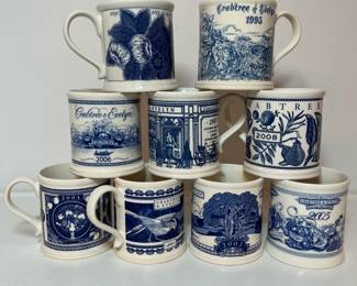 C23 - $100 - 9 Mugs. Mason's Crabtree & Evelyn Annual Mugs. 1995, 2001, 2002, 2003, 2005, 2006, 2007, 2008, 2009.