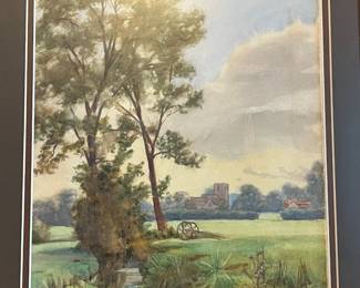 C62 - $40. Unsigned Watercolor. Measures 17" x 20" framed.