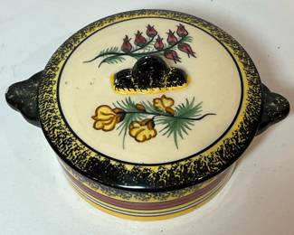 C30 - $20. Quimper Lidded Dish. Measures 6.5" x 2.5" tall. Has small chip on lid handle and small chip on dish handle.