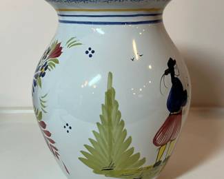 C15 - $50. Quimper Vase Breton Man on one side - floral design on the other. Signed "Henriot Quimper France D 201 F 637 P." Measures 5.75" x 8.5".