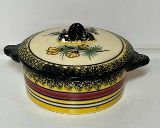 C30 - $20. Quimper Lidded Dish. Measures 6.5" x 2.5" tall. Has small chip on lid handle and small chip on dish handle.