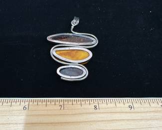 J28 - $65. JM Gdansk Sterling & Amber Necklace Pendant. Stamped "JM 925"