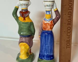 C13 - $150. Vintage HB Henriot Quimper France Brenton & Bretonne Pair of Candlestick Holders. Measures 7.5" tall.