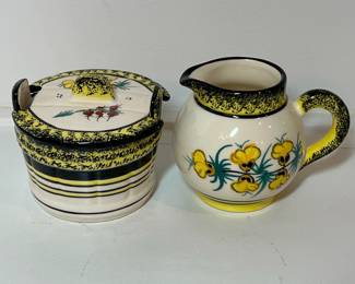 C31 - $200. "Broom & Heather" Quimper. 2 - Dessert Plates 8.5". 2 - Saucers 6". 2 Tea Cups - 5" x 2.25". 1 Cream & Sugar. 1 Tea Pot 8.5" x 5.5".