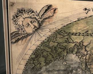 C93 - $225. *Huge* Reproduction of a 16th Century World Map. Measures 62.75" x 42" framed. Beautifully framed - great statement piece.