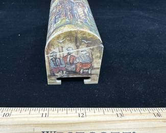 J10 - $50. Carved Bone & Hand Painted Trinket Box. Turkish. Signed S. Erken - Maltepe.