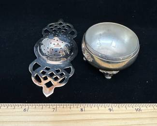 J40 - $10. Silver plated 2 pc Tea Strainer.